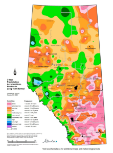 Figure 3. The precipitation accumulation over 3 years compared to the long term normal of Alberta from October 2020 to October 2023. Found on the Agriculture Moisture Situation Update of October 4, 2023. 