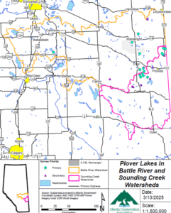 Piping Plover lakes in the Battle River and Sounding Creek watersheds.Map created by Alberta Conservation Association (ACA).